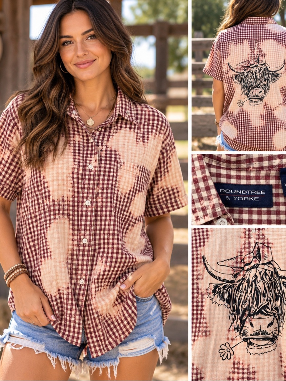 Roundtree & Yorke Bleached Burgundy Gingham Short-Sleeve Western Highland Cow